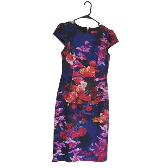 Betsey Johnson Sheath Floral Dress Sz 4 Cocktail Short Cap Sleeve Multicolor - Picture 11 of 11